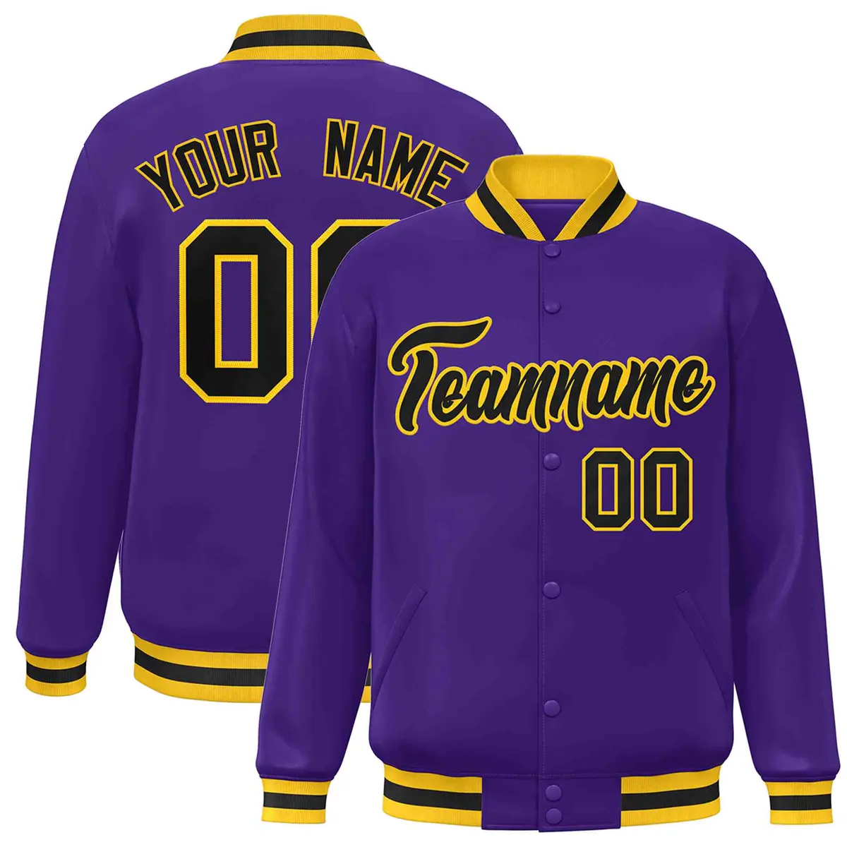 Purple Black-Gold Classic Varsity Full-Snap Letterman Jacket