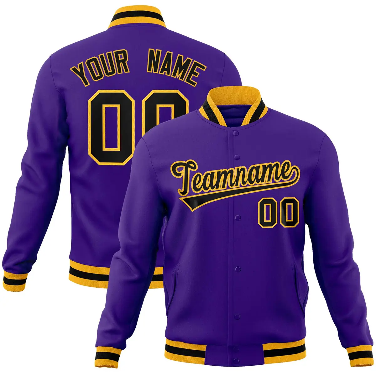 Purple Black-Gold Classic Varsity Full-Snap Letterman Jacket