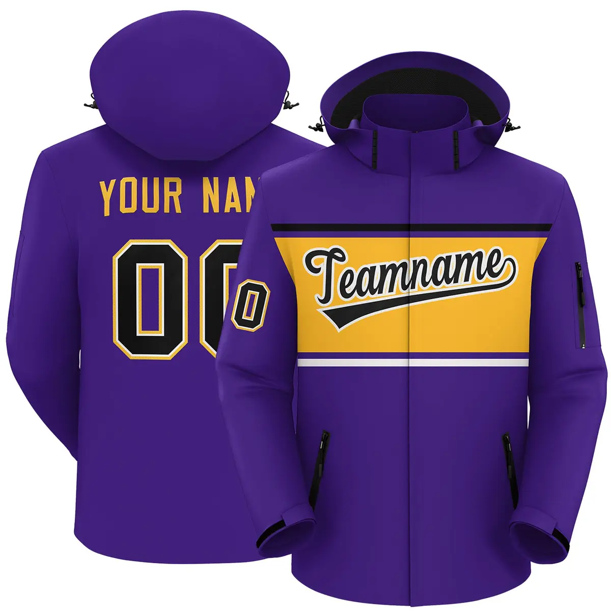 Purple Black-Gold Color Block Hooded Waterproof Jacket