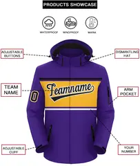 Purple Black-Gold Color Block Hooded Waterproof Jacket 2