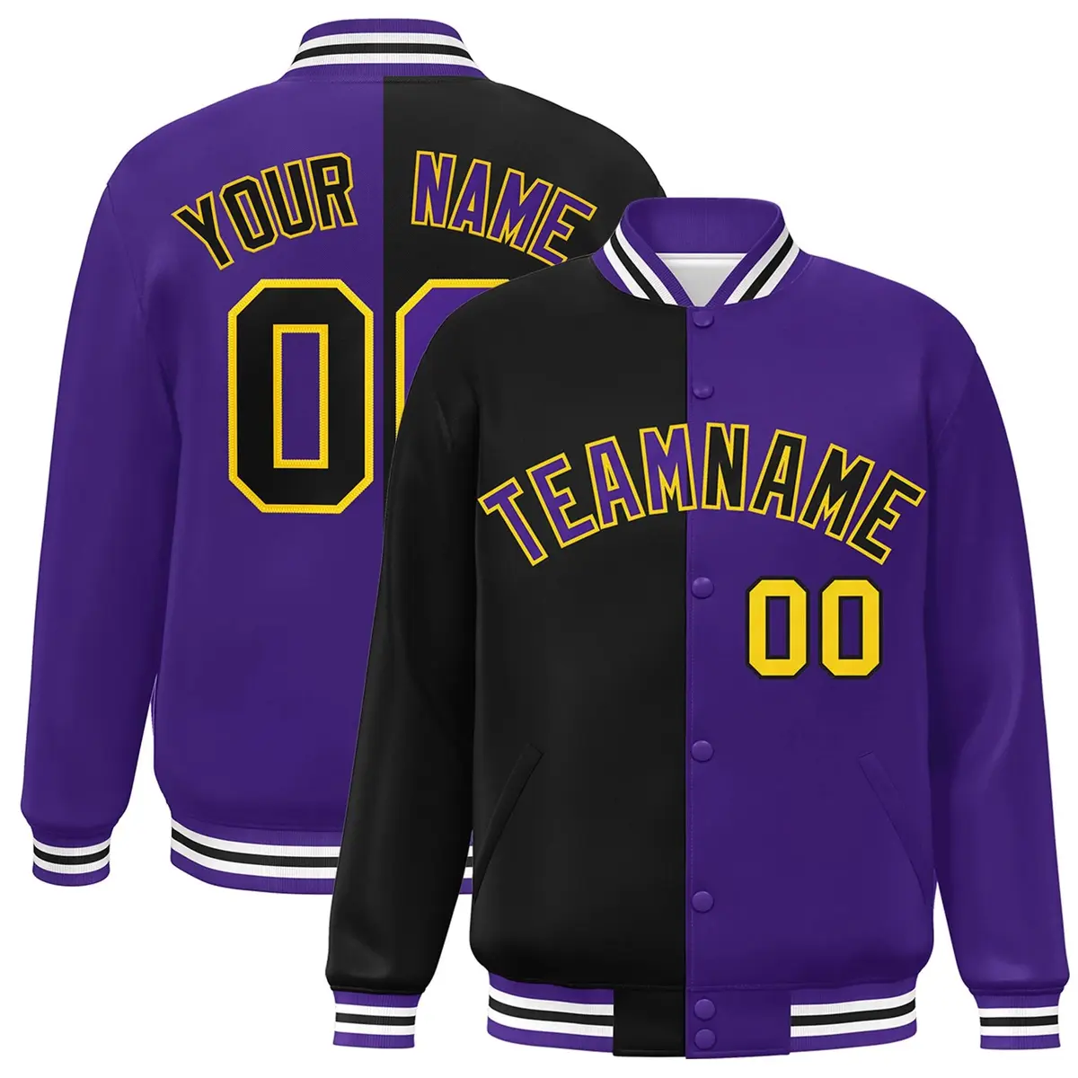 Purple Black-Gold Split Two Tone Letterman Varsity Full-Snap Jacket