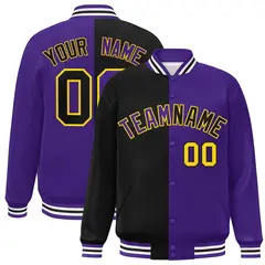 Purple Black-Gold Split Two Tone Letterman Varsity Full-Snap Jacket