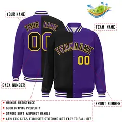 Purple Black-Gold Split Two Tone Letterman Varsity Full-Snap Jacket 2