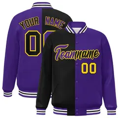 Purple Black-Gold Split Two Tone Letterman Varsity Full-Snap Jacket