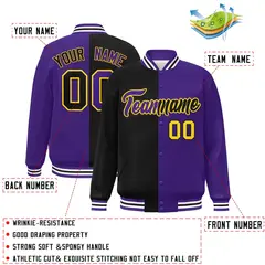 Purple Black-Gold Split Two Tone Letterman Varsity Full-Snap Jacket 2