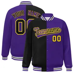 Purple Black-Gold Split Two Tone Letterman Varsity Full-Snap Jacket