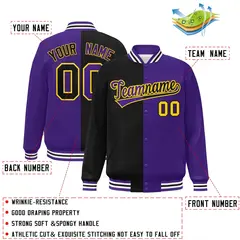 Purple Black-Gold Split Two Tone Letterman Varsity Full-Snap Jacket 2