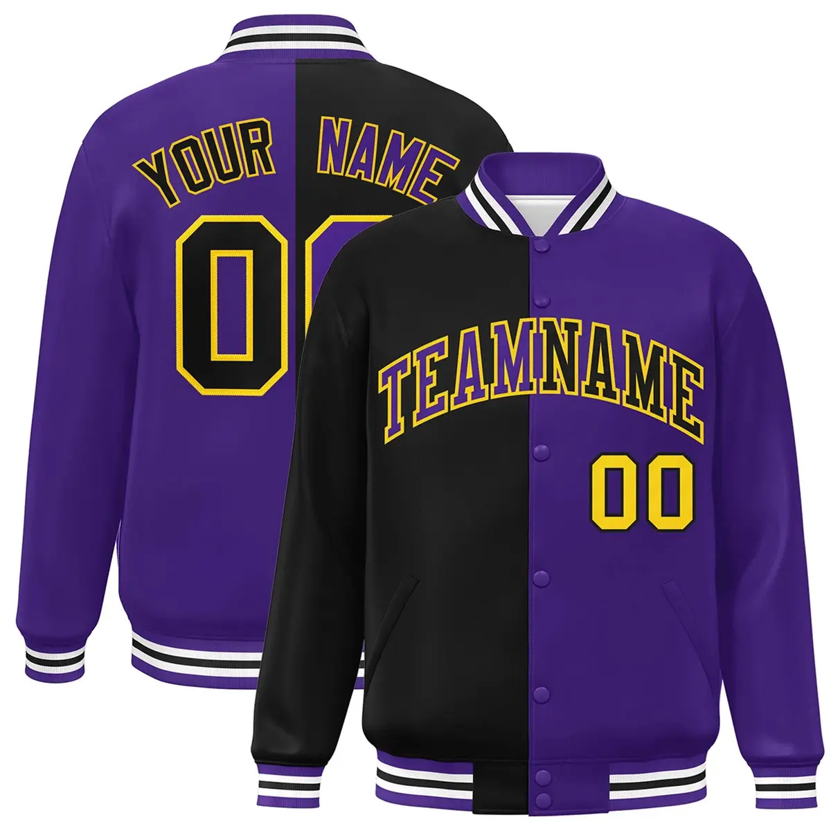 Purple Black-Gold Split Two Tone Letterman Varsity Full-Snap Jacket