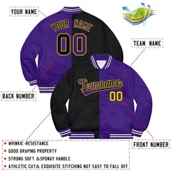 Purple Black-Gold Split Two Tone Letterman Varsity Jacket 2