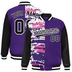 Purple Black Graffiti Pattern Varsity Full-Snap Letterman Baseball Jacket