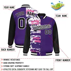 Purple Black Graffiti Pattern Varsity Full-Snap Letterman Baseball Jacket 2