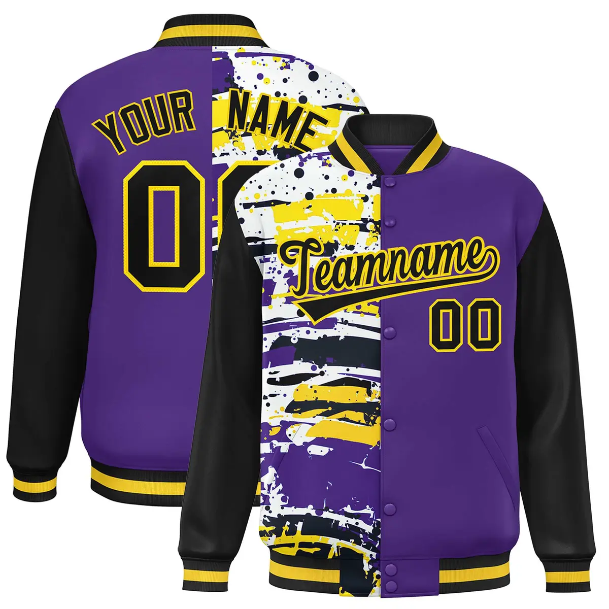 Purple Black Graffiti Pattern Varsity Full-Snap Letterman Baseball Jacket