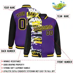 Purple Black Graffiti Pattern Varsity Full-Snap Letterman Baseball Jacket 2