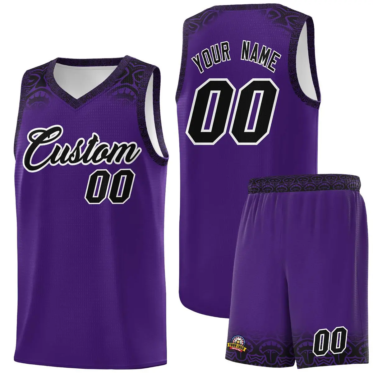 Purple Black Indians Print Basketball Uniform Jersey