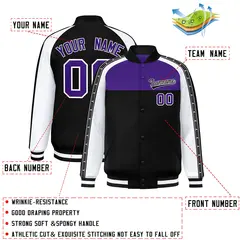 Purple Black K-Ribbon Raglan Full-Snap Color Block Letterman Jacket 2