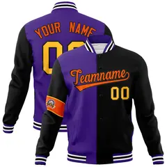 Purple Black Orange Two Tone Split Letterman Full-Snap Jacket 1