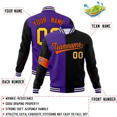 Purple Black Orange Two Tone Split Letterman Full-Snap Jacket 4