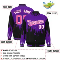 Purple Black-Pink Flame Graffiti Varsity Full-Snap Bomber Jacket 2