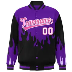 Purple Black-Pink Flame Graffiti Varsity Full-Snap Bomber Jacket 3