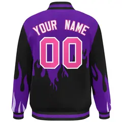 Purple Black-Pink Flame Graffiti Varsity Full-Snap Bomber Jacket 4