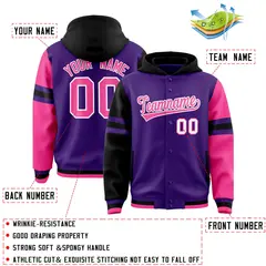 Purple Black-Pink Raglan Three Stripes Varsity Letterman Jacket Hoodie 4