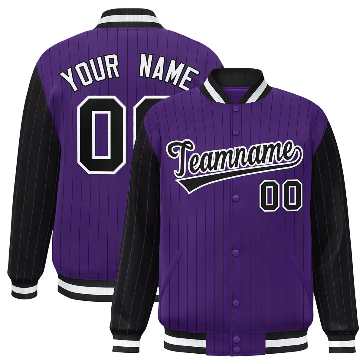 Purple Black Pinstripe Raglan Full-Snap Letterman Baseball Jacket