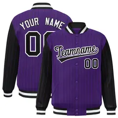 Purple Black Pinstripe Raglan Full-Snap Letterman Baseball Jacket