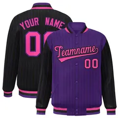 Purple Black Pinstripe Raglan Full-Snap Letterman Baseball Jacket 1