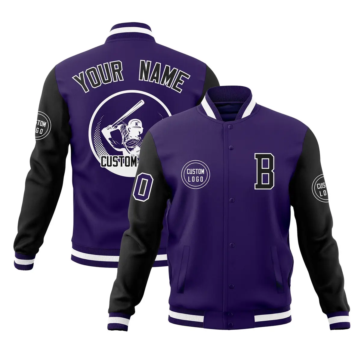 Purple Black Raglan Sleeves Full-Snap Varsity Letterman Jacket