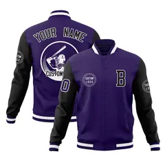 Purple Black Raglan Sleeves Full-Snap Varsity Letterman Jacket 1