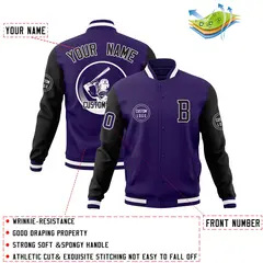 Purple Black Raglan Sleeves Full-Snap Varsity Letterman Jacket 4