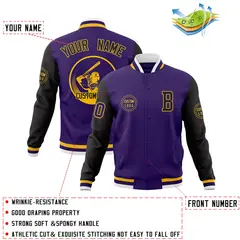 Purple Black Raglan Sleeves Full-Snap Varsity Letterman Jacket 4