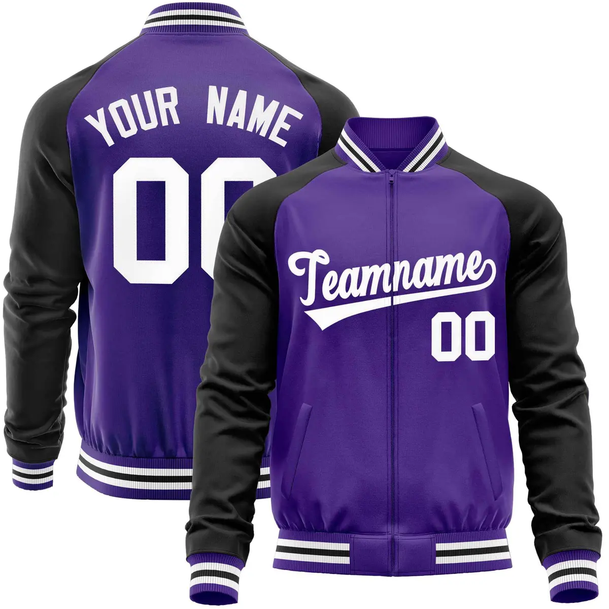 Purple Black Raglan Sleeves Varsity Full-Zip Letterman Baseball Jacket