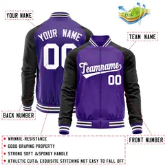 Purple Black Raglan Sleeves Varsity Full-Zip Letterman Baseball Jacket 4