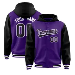 Purple Black Raglan Two Tone Varsity Full-Snap Letterman Jacket Hoodie