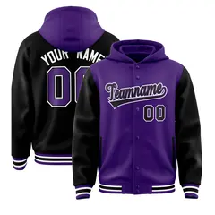 Purple Black Raglan Two Tone Varsity Full-Snap Letterman Jacket Hoodie