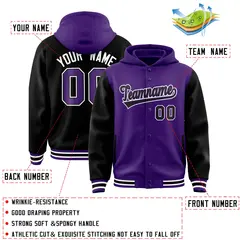 Purple Black Raglan Two Tone Varsity Full-Snap Letterman Jacket Hoodie 4