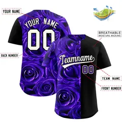 Purple Black Split Rose Print Baseball Jersey 2