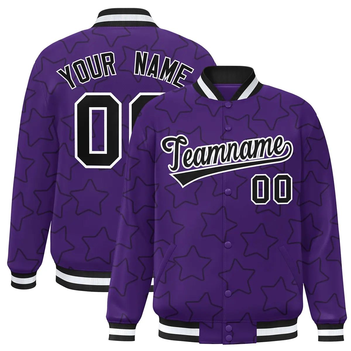 Purple Black Star Pattern Varsity Full-Snap Letterman Baseball Jacket