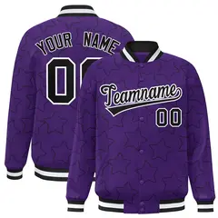 Purple Black Star Pattern Varsity Full-Snap Letterman Baseball Jacket