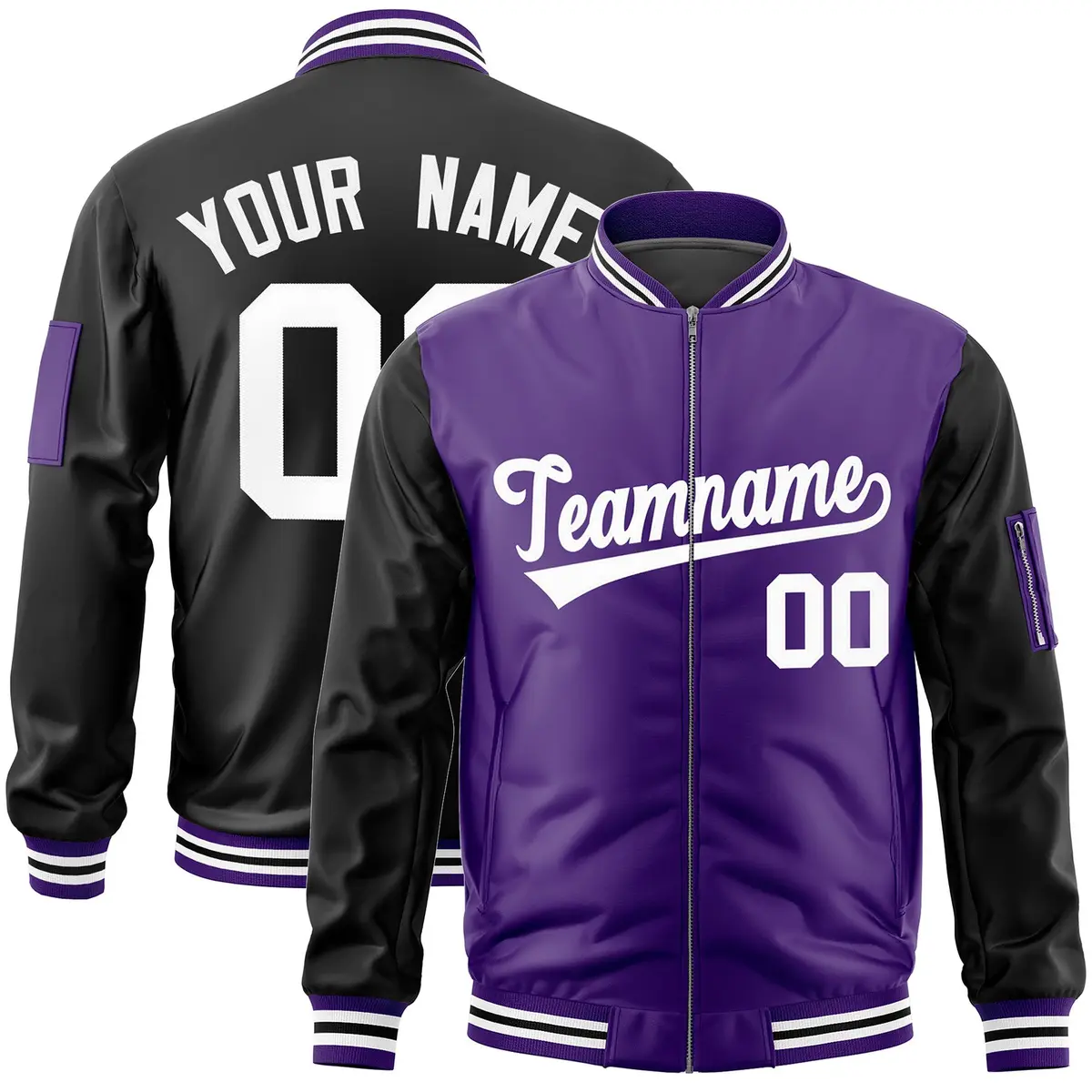 Purple Black Two-Tone Full-Zip Varsity Letterman Bomber Jacket