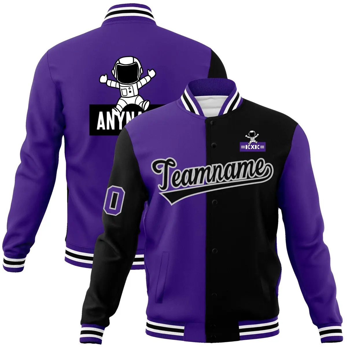 Purple Black Two Tone Varsity Letterman Full-Snap Jacket