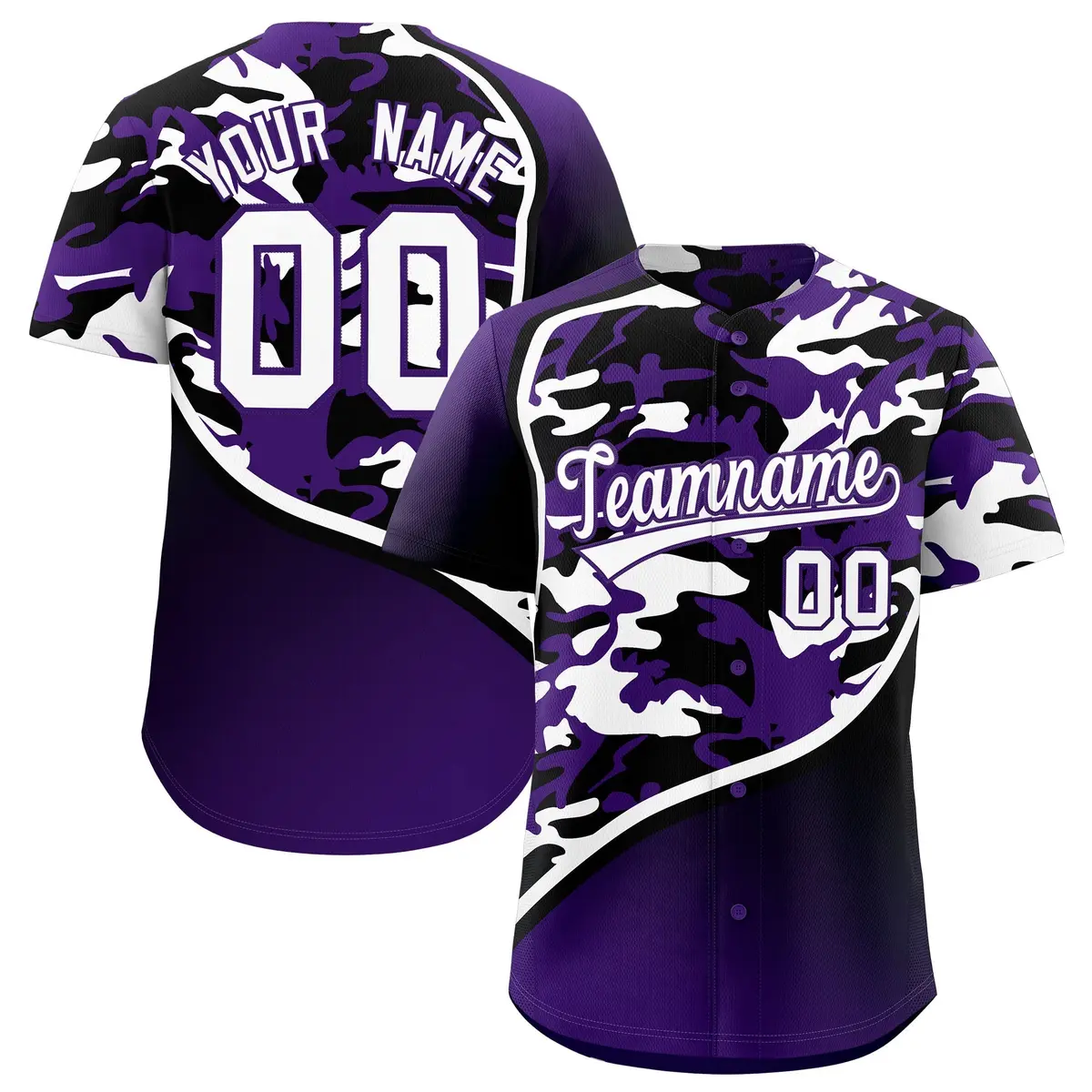 Purple Black White Camo Gradient Fashion Baseball Jersey