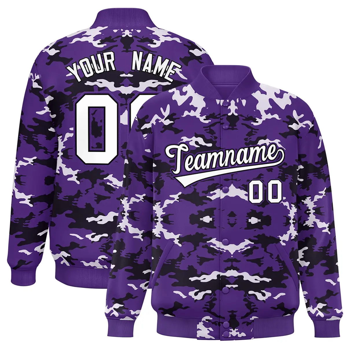Purple Black-White Camo Varsity Full-Snap Letterman Jacket