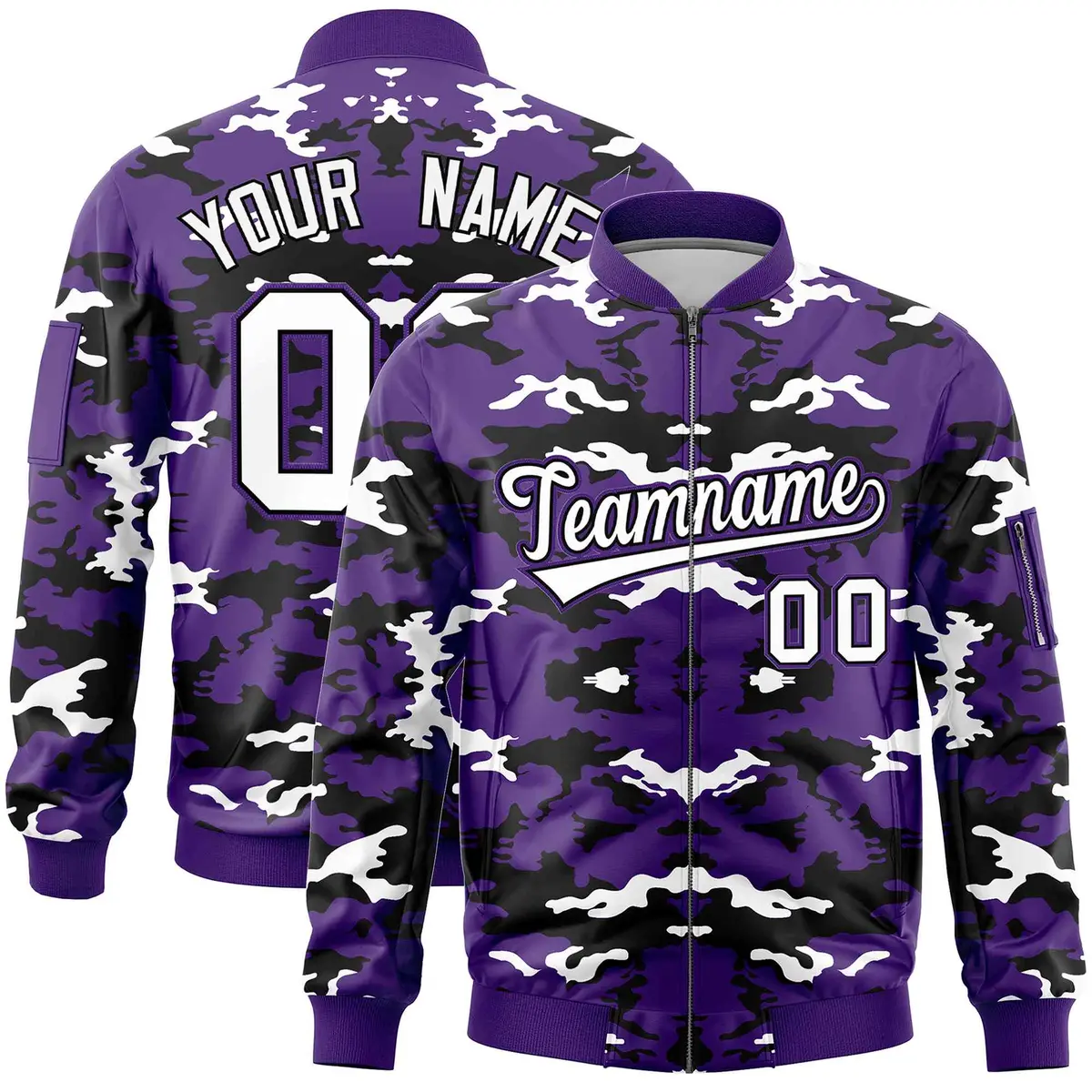 Purple Black-White Camo Varsity Full-Zip Letterman Bomber Jacket