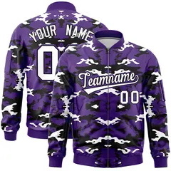 Purple Black-White Camo Varsity Full-Zip Letterman Bomber Jacket