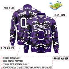 Purple Black-White Camo Varsity Full-Zip Letterman Bomber Jacket 2