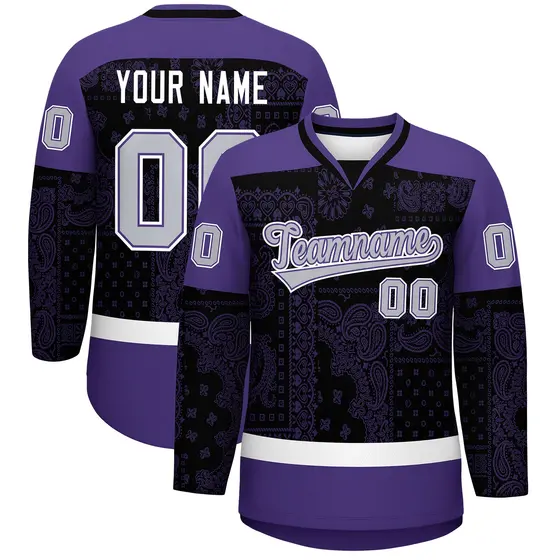 Purple Black White Cashew Flower Graffiti V-Neck Hockey Jersey