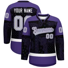 Purple Black White Cashew Flower Graffiti V-Neck Hockey Jersey 1
