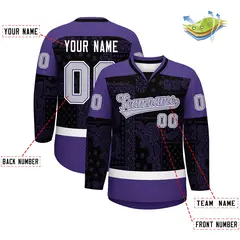 Purple Black White Cashew Flower Graffiti V-Neck Hockey Jersey 2